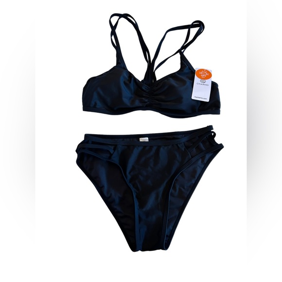 CHARMO womens Strappy black V Neck athletic bikini High Cut Low Rise Bikini NWT - Picture 2 of 9
